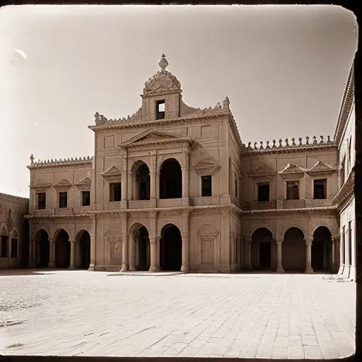 Prompt: baroque facade of an aristocratic palace near timbuktu in the late 19th century