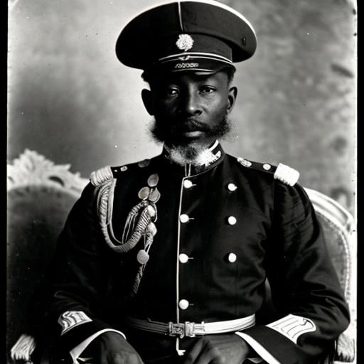 Prompt: An 1900s black and white  photo of  Songhai Emperor Askia Daouda wearing French uniform sitting 