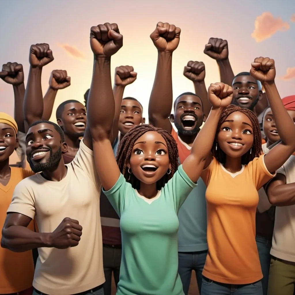 Prompt: african animation showing unity while rising there fists up as a sign of unity

