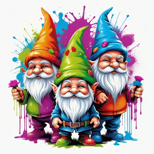 Prompt: Colorful graffiti illustration of 3 garden gnomes , paint splashes, vector t-shirt art, white background