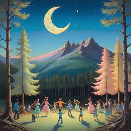Prompt: using pastels create a forest setting with a WANING CRESCENT MOON shining in a light blue sky. There is a DJ playing to figures of adults and children dancing and there is a mountain in the background