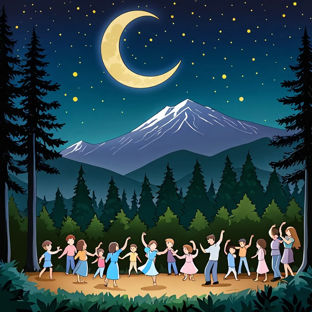 Prompt: adults and children dancing under a WANING CRESCENT MOON in  a forest with mountain  in background