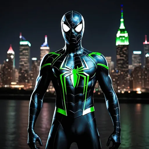 Prompt: Spider-Man suit The suit maintains its sleek, form-fitting design with a black base. The green lenses in the mask offer a striking contrast, providing enhanced visibility while adding a touch of uniqueness.

Instead of the traditional red, the Spider-Man logo on the chest is a vibrant blue, symbolizing hope and optimism. The logo stands out prominently against the black background, serving as a beacon of justice in the city skyline.