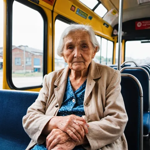 Prompt: An old lady seated on a bus