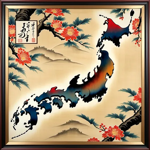 Prompt: Map of Japan, Enzan-Shijou-style artistic painting, detailed frame, Maruyama Masataka, highres, detailed, calligraphy, traditional, historical, realistic, detailed artistry, Japanese art, vibrant colors, intricate details, subtle brush strokes, traditional Japanese painting, atmospheric lighting