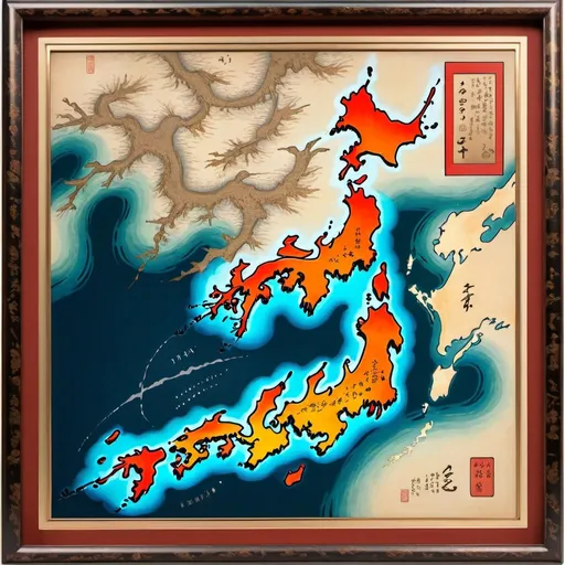 Prompt: Map of Japan in foreground, Japan only no other coast, waves in the whole background, Enzan-Shijou-style artistic painting, detailed frame, Maruyama Masataka, highres, detailed, calligraphy, traditional, historical, realistic, detailed artistry, Japanese art, vibrant colors, intricate details, subtle brush strokes, traditional Japanese painting, atmospheric lighting