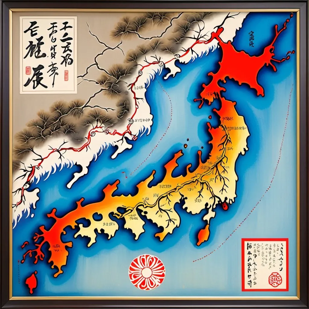 Prompt: map of Japan, artisitic painting Enzan-Shijou-style, detailed painting, detailed frame, Maruyama Masataka, highres, detailed painting, Enzan-Shijou