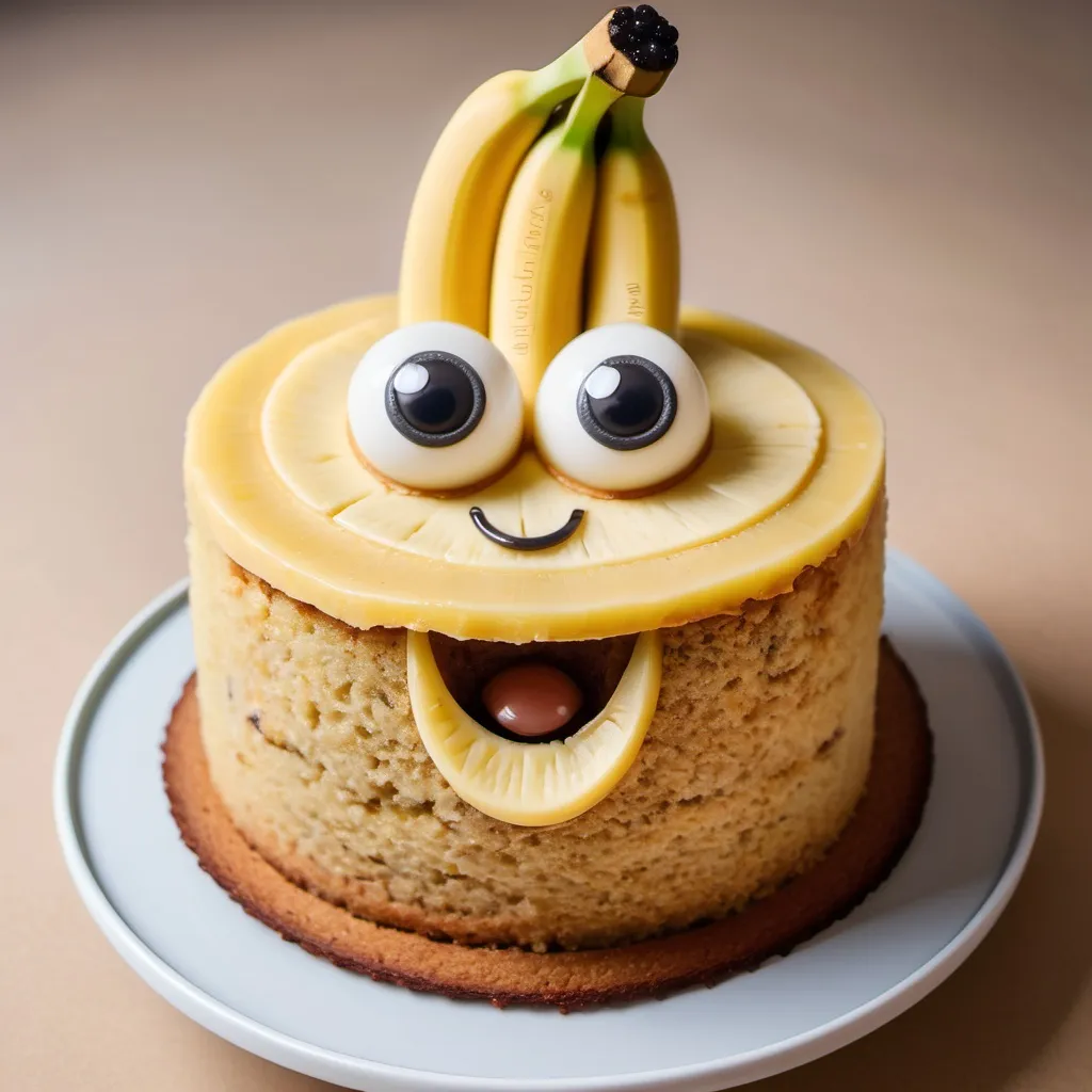 Prompt: A smiling banana cake with big eyes