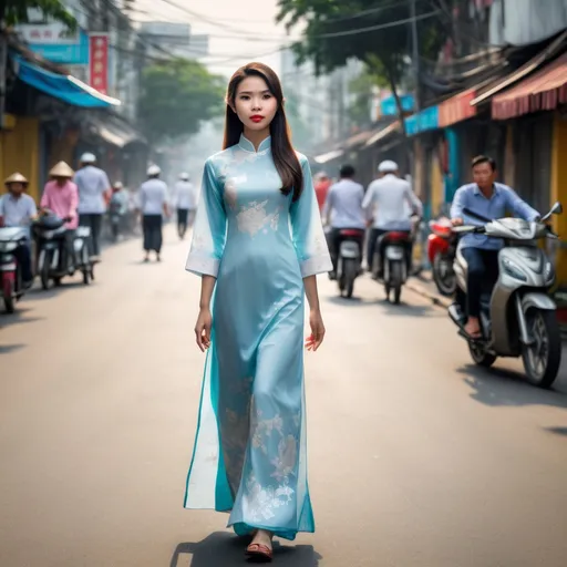 Prompt: Tall young lady walking down along Dong Khoi Street of Saigon, wearing the traditional ao dai, realistic image and  natural lighting