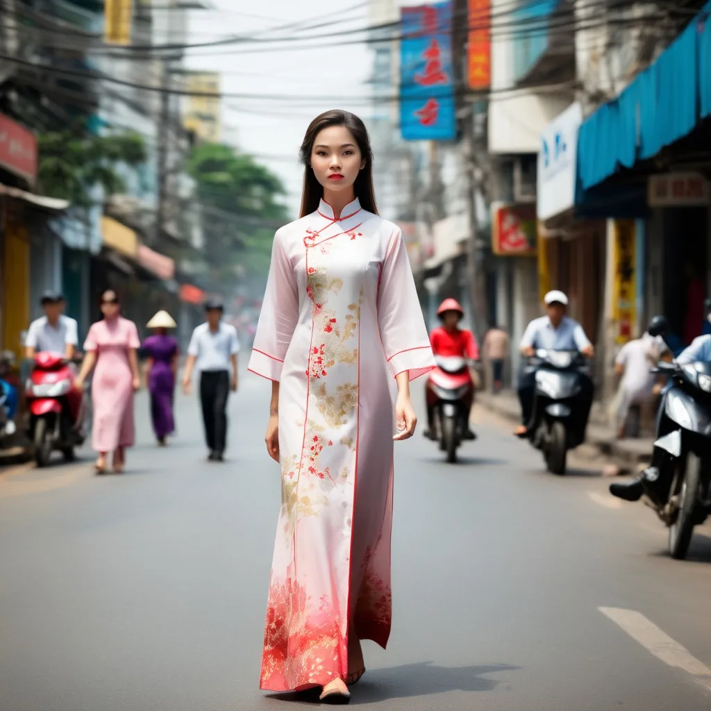 Prompt: Tall young lady walking down along Dong Khoi Street of Saigon, wearing the traditional ao dai, realistic image and  natural lighting