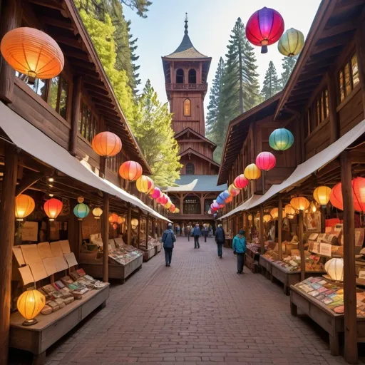 Prompt: A marketplace built along the floor of the redwood forest, with colorful paper lanterns, tapestries shading market stalls and merchant wagons, and stained glass windows adorning the sandstone brick buildings. The main thoroughfare is cobblestone brick lined with light posts.