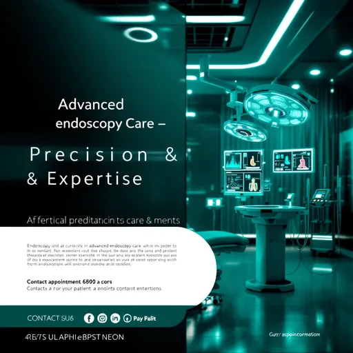 Prompt: Create an ultra-high-resolution advertisement banner for an endoscopy  unit in a modern hospital. The design should have a dark green color scheme with a futuristic, high-tech aesthetic. Showcase advanced medical equipment, including gastroscope, endoscopic tools.

The background should depict a clean, organized, and cutting-edge medical environment with soft ambient lighting. Include subtle glowing accents on digital screens displaying diagnostic data. The typography should be bold and modern, featuring a professional yet inviting tagline such as 'Advanced endoscopy  Care – Precision & Expertise'.

Incorporate minimalist medical icons (stomach, colon symbols) and sleek graphics to enhance the premium and professional look of the poster. The composition should be visually balanced, drawing attention to the key message and contact details for patient appointments