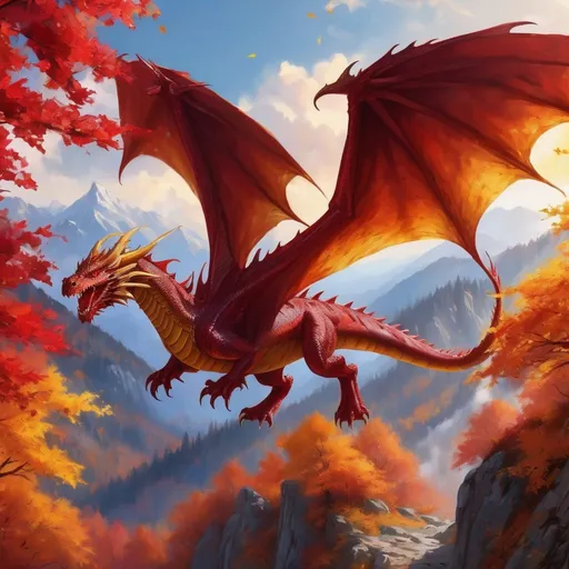 Prompt: (vivid red dragon), majestic scale detail, soaring above vibrant autumn foliage, golden and amber leaves gliding in the breeze, mountainous landscape in the background, luminous sun casting a warm glow, serene and breathtaking atmosphere, enchantingly dramatic scene, capturing the essence of fall, high-resolution 4K, stunningly ultra-detailed.