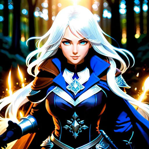 Prompt: Fantasy illustration of a female Aasimar character wielding light magic, long and straight silver hair, blue eyes, warm-toned art, smirk face, fair skin, detailed facial features, secluded forest setting, intricate magic design, dark color clothes, black gloves, rich warm color palette, atmospheric lighting, high quality, detailed hair, fantasy, dnd, combat setting, detailed magic, warm tones, professional, atmospheric lighting, full body, anime