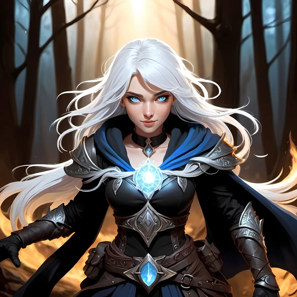 Prompt: Art Gen

Fantasy illustration of a female Aasimar character wielding light magic, whole body, long silver hair, blue eyes, black and blue adventurer clothing, warm-toned art, smirk face, grin, detailed facial features, secluded forest setting, intricate magic design, dark color clothes, black gloves, rich warm color palette, atmospheric lighting, high quality, detailed hair, fantasy, dnd, combat setting, detailed magic, warm tones, professional, atmospheric lighting, anime style