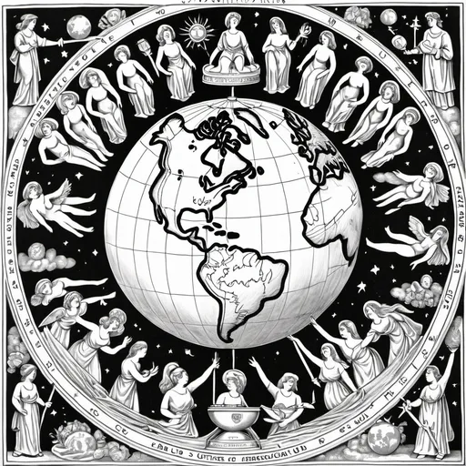 Prompt: a globe at the center with seven figures around it. Men: Labor (hammer), Justice (scales), and Protection (sword). Women medicine (cadusis), knowledge (lamplight), and peace (dove). The top shall be a nameless figure but is unifying all under the idea of global citizenship. 