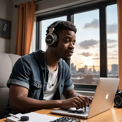 Prompt: Create for me an illustration of a black man in his late 20s recording a podcast next to a window. Let it depict like he is recording something to do with HipHop and Mental Health. This is to be posted on TikTok. Let there be a glass of whiskey beside him. And the background that is outside the window a city can be seen with lights clouds. Let there be a laptop, a microphone and him wearing a set of headphones with a rodecaster pro 2 mixer on the desk