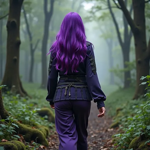 Prompt: Purple haired witch  wearing pants, seen from behind as she walks into a forest, grimoire in hand