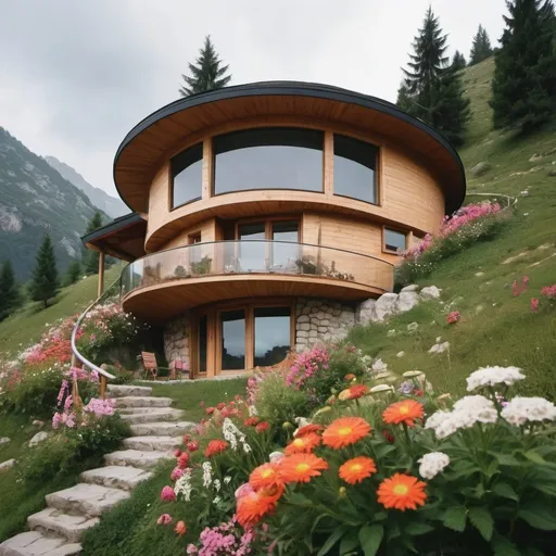 Prompt: create me a house in the mountain rounded with beautiful flowers