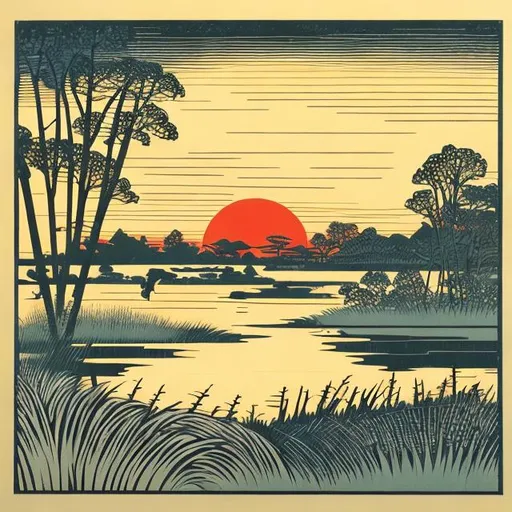 Prompt: traditional woodblock print of marshland at sunset