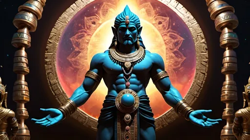 Prompt: CREATE ANNUNAKI STANDING 
IN SHAMBALA  WORLD WITH WEAPONS ADVANCED IN HIS HANDS  HD COLORS HD UNREAL LIGHTS