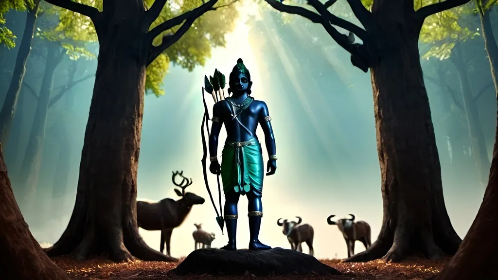 Prompt: LORD SRIRAM STANDING WITH BOW AND ARROW HUMAN   IN MIDDLE OF BEAUTIFUL FOREST STANDING UNDER TREE SOURRENDED WITH ANIMALS CLOSEUP SHOT DARK COLORS HD UNREAL LIGHTING