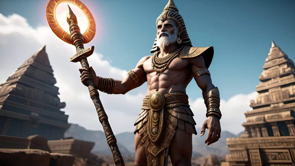 Prompt: CREATE ANNUNAKI STANDING 
IN SHAMBALA  WORLD IN BACKGROUND WEAPONS IN HIS HANDS SCARY 4K  HD COLORS HD UNREAL ENGINE LIGHTS 