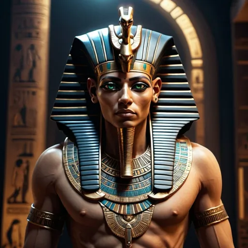 Prompt: annunnaki character in egyptian style in future advanced world with pharoh look with armed  look standing hd realistic lighting dark hd colors 