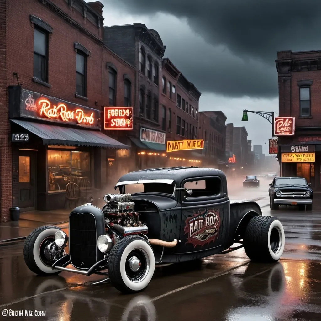 Prompt: Rat rods 32 fords city scape dark wet