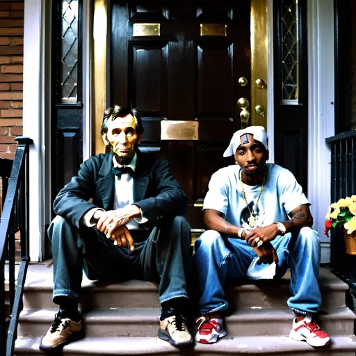 Prompt: Abraham Lincoln and Tupac sitting on the doorsteps in Brooklyn 