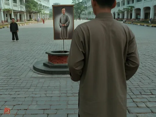 Prompt: a man standing on a brick road in front of a building with a clock tower in the background and people standing around, Cao Buxing, hurufiyya, phuoc quan, a character portrait