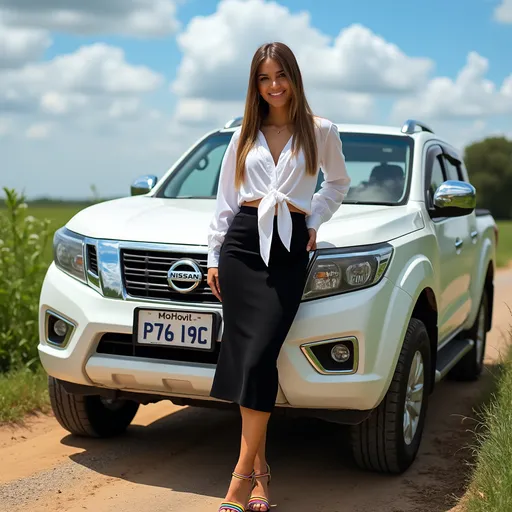 Prompt: Standing confidently next to a white Nissan truck, a woman dressed in a stylish outfit captures attention with a bright smile. She wears a crisp, white blouse partially tied at the waist, paired with a sleek black pencil skirt that accentuates her silhouette. Her long, straight hair cascades down her shoulders, while her colorful strappy sandals add a playful touch. The scene is set under a blue sky adorned with fluffy clouds, surrounded by greenery and the rustic elements of a rural road, enhancing the vibrant, warm atmosphere of the moment. The overall composition highlights her confident demeanor and stylish presence against a backdrop of natural beauty and everyday life.