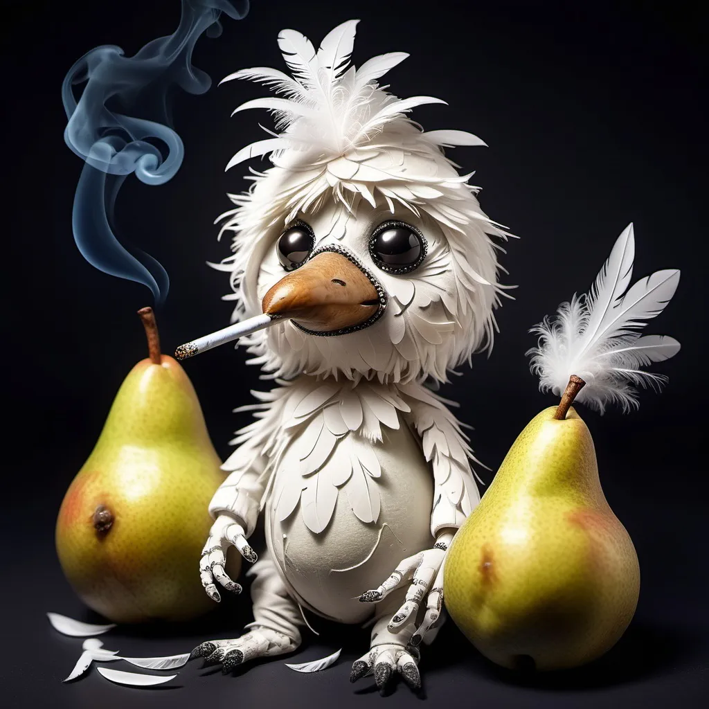 Prompt: an adorable humanoid being covered in feathers and is three pears high. smoking a joint