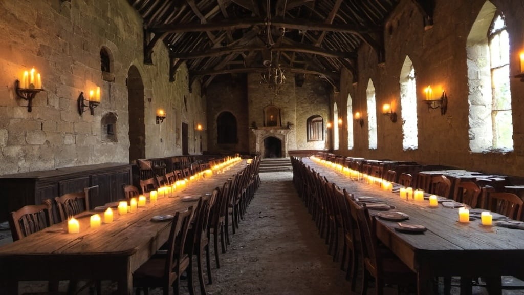 Prompt: the inside of an empty, dilapidated castle dining hall. . no people . candle lit