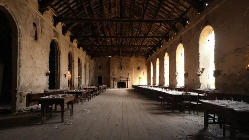 Prompt: the inside of an empty, dilapidated castle dining hall. . no people . candle lit