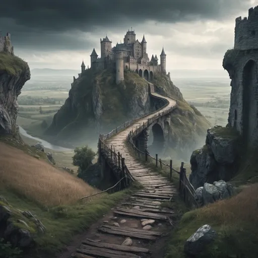 Prompt: a sprawling fantasy  gloomy landscape with a path leading to a dilapidated castle up on a hill in the distance. a large rickety bridge can be seen on the path