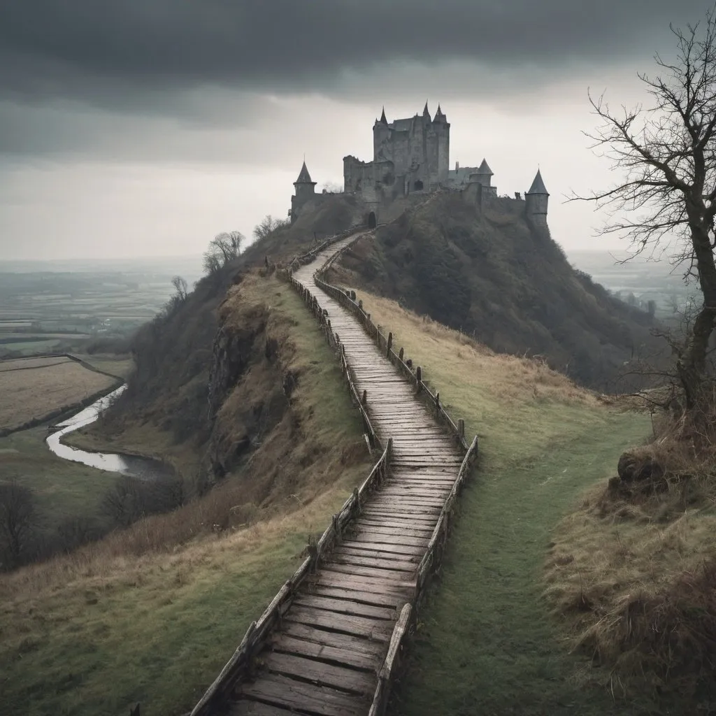 Prompt: a sprawling gloomy landscape with a path leading to a dilapidated castle up on a hill in the distance. a large rickety bridge can be seen on the path