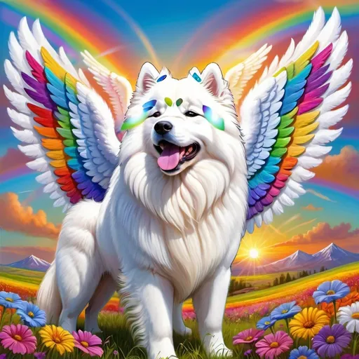 Prompt: Samoyed with angel wings in colorful field of flowers, vibrant rainbow in the sky, high quality, detailed illustration, realistic, natural lighting, colorful, majestic, detailed fur, flowing mane, picturesque landscape