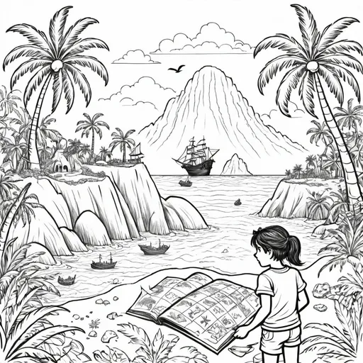 Prompt: A mysterious island with palm trees, hidden caves, and pirate ships. A child explores the island with a map, searching for buried treasure among bright tropical colors.