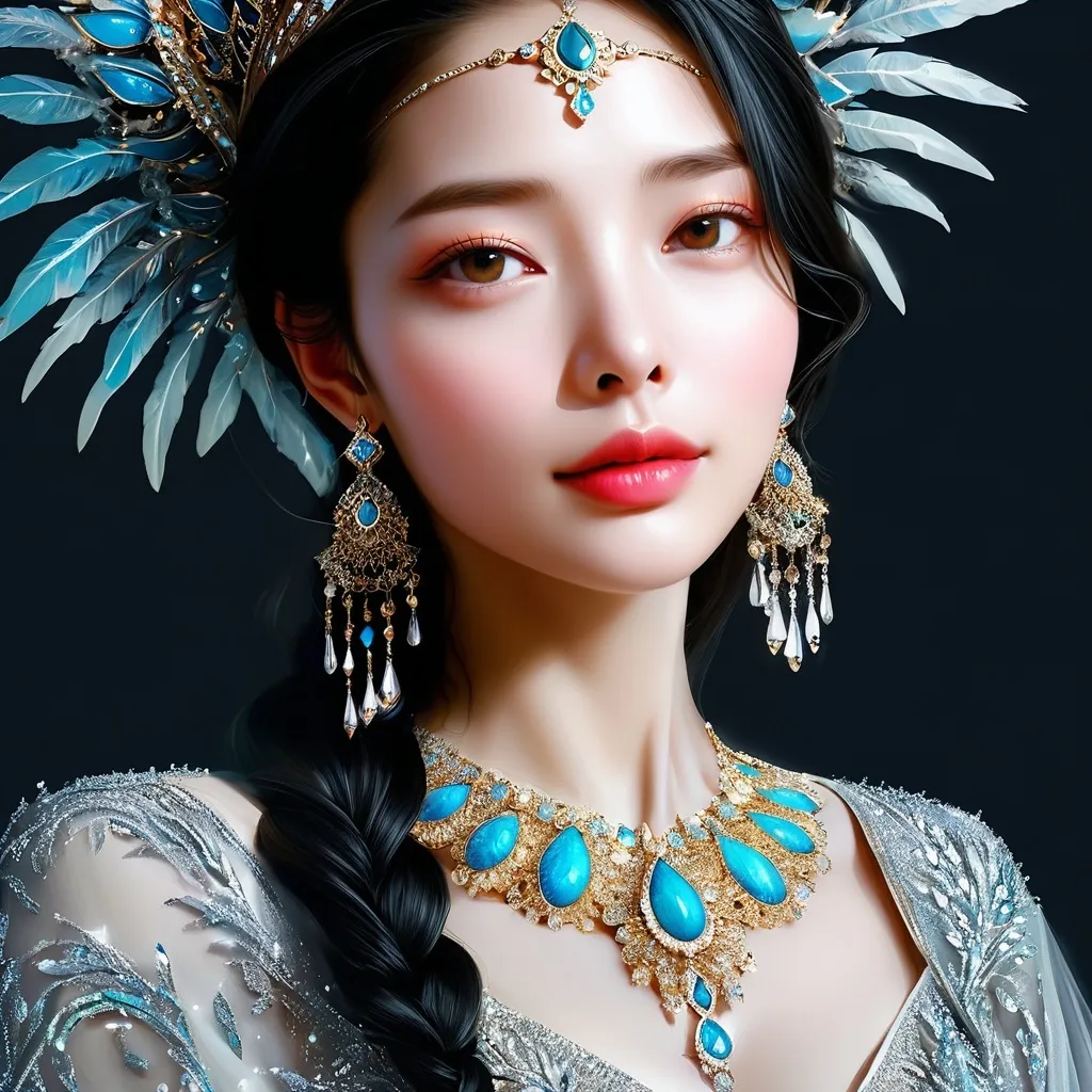 Prompt: a painting of a woman wearing a headdress and jewelry with a black background and a white background, Ann Thetis Blacker, photorealism, highly detailed digital painting, a photorealistic painting