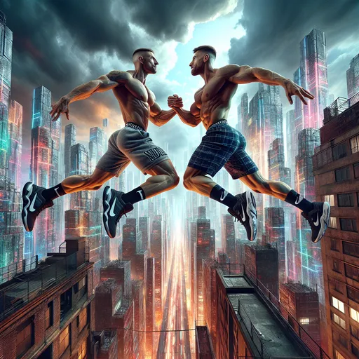 Prompt: Two muscular bodybuilder white guys, sagging grey basketball shorts extremely low, navy plaid boxers, futuristic scene, diving off balcony, cloudy sky, dramatic lighting, futuristic city, vibrant, very detailed, very high quality, very realistic, very short military hairstyle with a fade, nike sneakers, saggers sagging grey basketball shorts extremely low, realistic, white guys, hovering, (sagging), (saggers), epic, sagging extremely low, very romantic, hugging, embracing