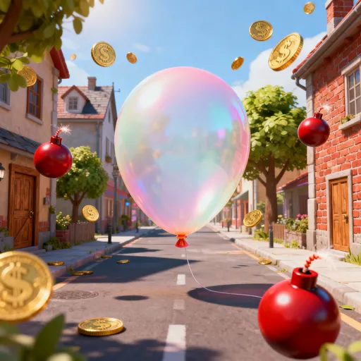 Prompt: A 3D balloon floating game built in Unity where players navigate through a town collecting money tokens while avoiding bombs.