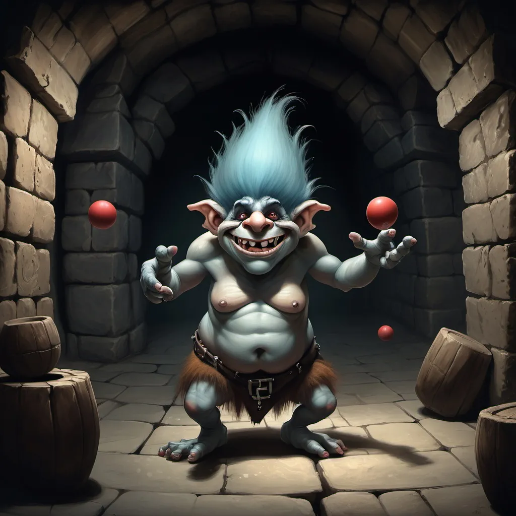 Prompt: a troll trolling around in a dungeon while Juggling