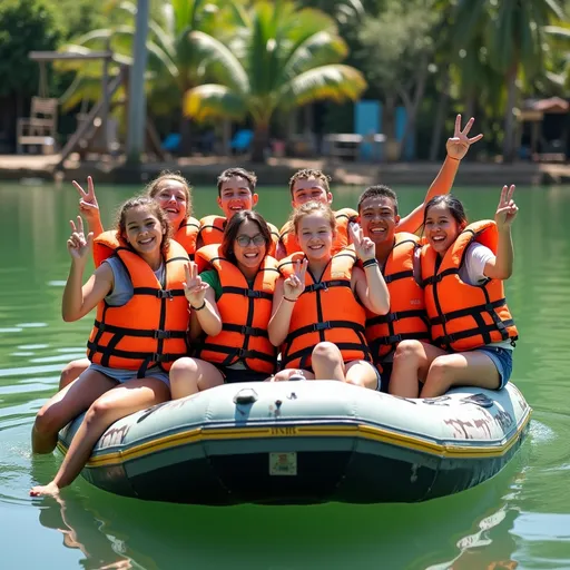 Prompt: A group of six young individuals joyfully pose on a rubber raft in a calm, green lake, surrounded by lush greenery and palm trees. Donning vibrant life vests, their expressions radiate excitement and camaraderie as they engage in playful gestures, with some flashing peace signs. The sun casts a soft light over the scene, creating a vibrant atmosphere that emphasizes the warmth of their shared experience. In the background, a rustic wooden swing set and a hint of a water-side facility add to the outdoorsy charm of this recreational setting, highlighting the essence of adventure and friendship. The serene water reflects the lively energy of the group, painting a picture of a fun-filled day outdoors.