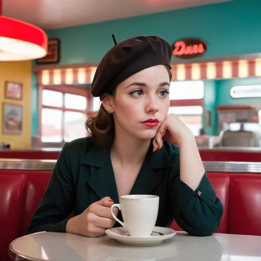 Prompt: A woman in her 20s wearing a beret is sitting alone in a 50s style diner drinking coffe and looking pensive