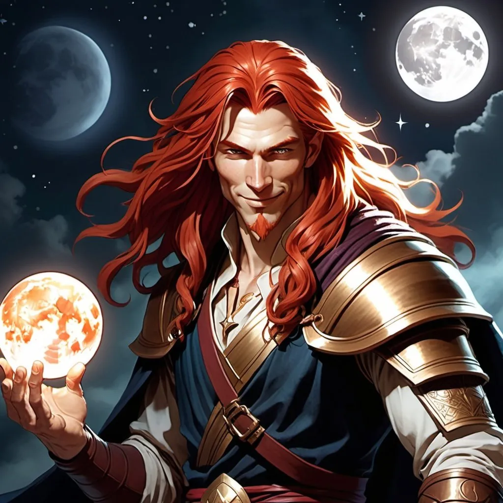 Prompt: D&D 5e male sorcerer aasimar. Long Red hair. Magical. Celestial. Human. Radiant. Charismatic. Mysterious. Smiling. Nice. No wings. Glowing skin. Moon worshiper. 