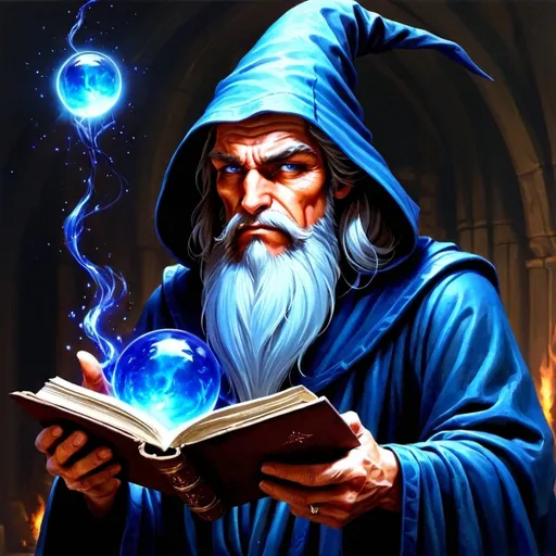 Prompt: I want wizard casting a spell with a book in a blue robe and making a blue orb i want it to look like a dark fantasy
