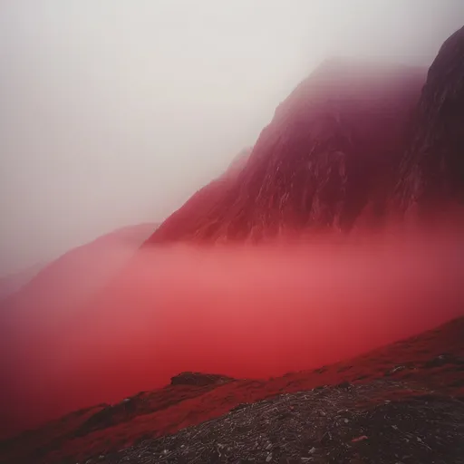 Prompt: red fog mountains no people no life
