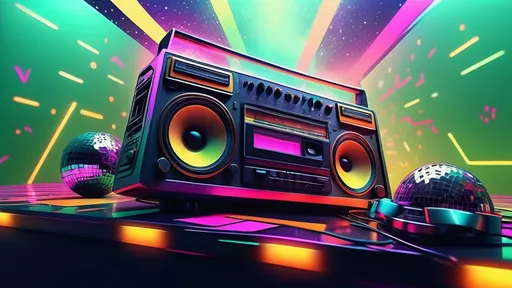 Prompt: (vibrant 80s music theme), retro neon colors, (dynamic atmosphere of celebration), disco ball reflecting lights, cassette tapes and vinyl records scattered, electric guitar and boombox, stylish outfits featuring colorful patterns, ambient glow from colorful lights, high-energy vibe, (ultra-detailed), nostalgic feel, 4K quality, lively energy full of rhythm and beats, capturing the essence of the 1980s music scene.