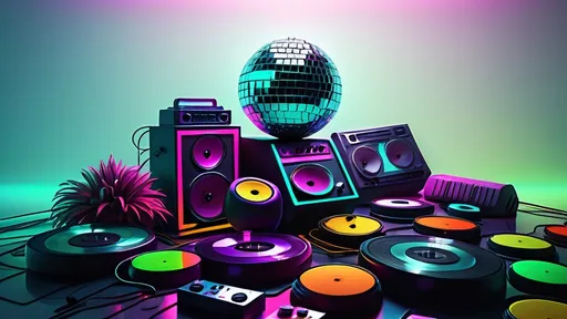 Prompt: (vibrant 80s music theme), retro neon colors, (dynamic atmosphere of celebration), disco ball reflecting lights, cassette tapes and vinyl records scattered, electric guitar and boombox, stylish outfits featuring colorful patterns, ambient glow from colorful lights, high-energy vibe, (ultra-detailed), nostalgic feel, 4K quality, lively energy full of rhythm and beats, capturing the essence of the 1980s music scene.